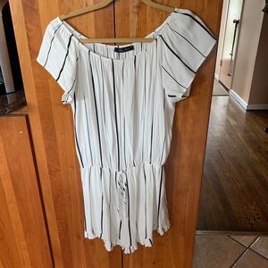 White with blue stripe off-the-shoulder romper
